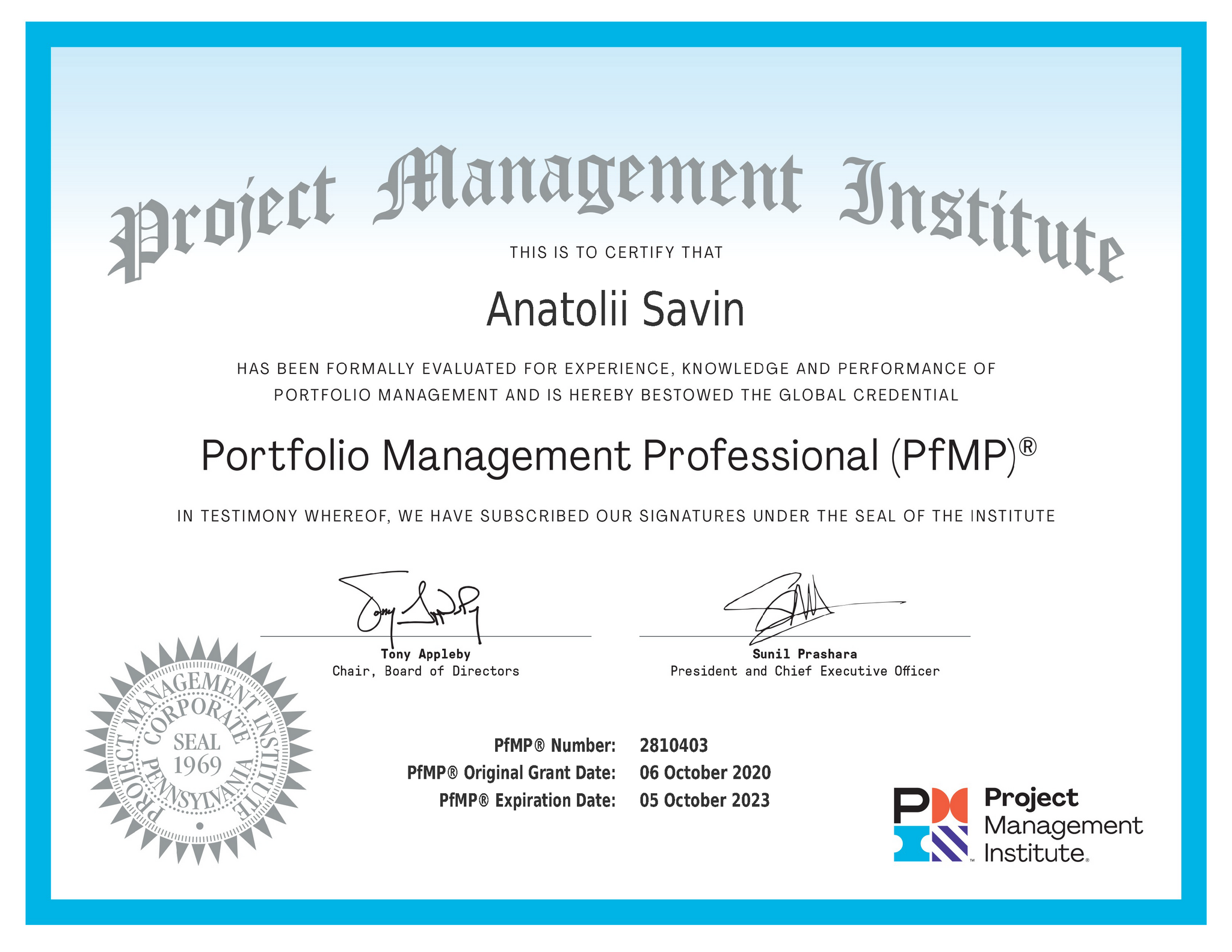 PMI Portfolio Management Training. The PfMP certificate of Anatolii Savin